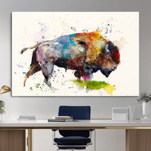 Abstract Buffalo Wall Art, Western Watercolor Bison Canvas