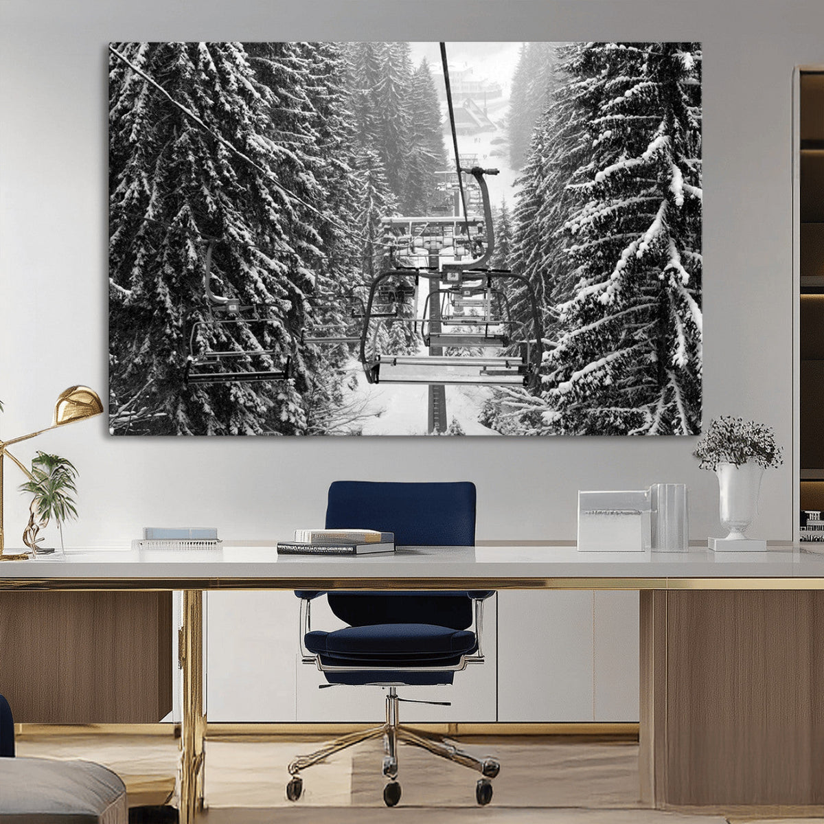 Winter Ski Lift Black and White Canvas Wall Art – Alpine