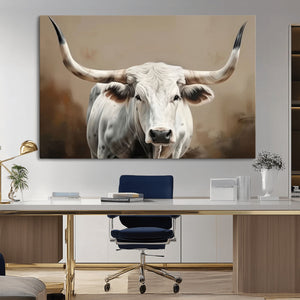 White Longhorn Bull Wall Art Canvas Print – Framed and Ready