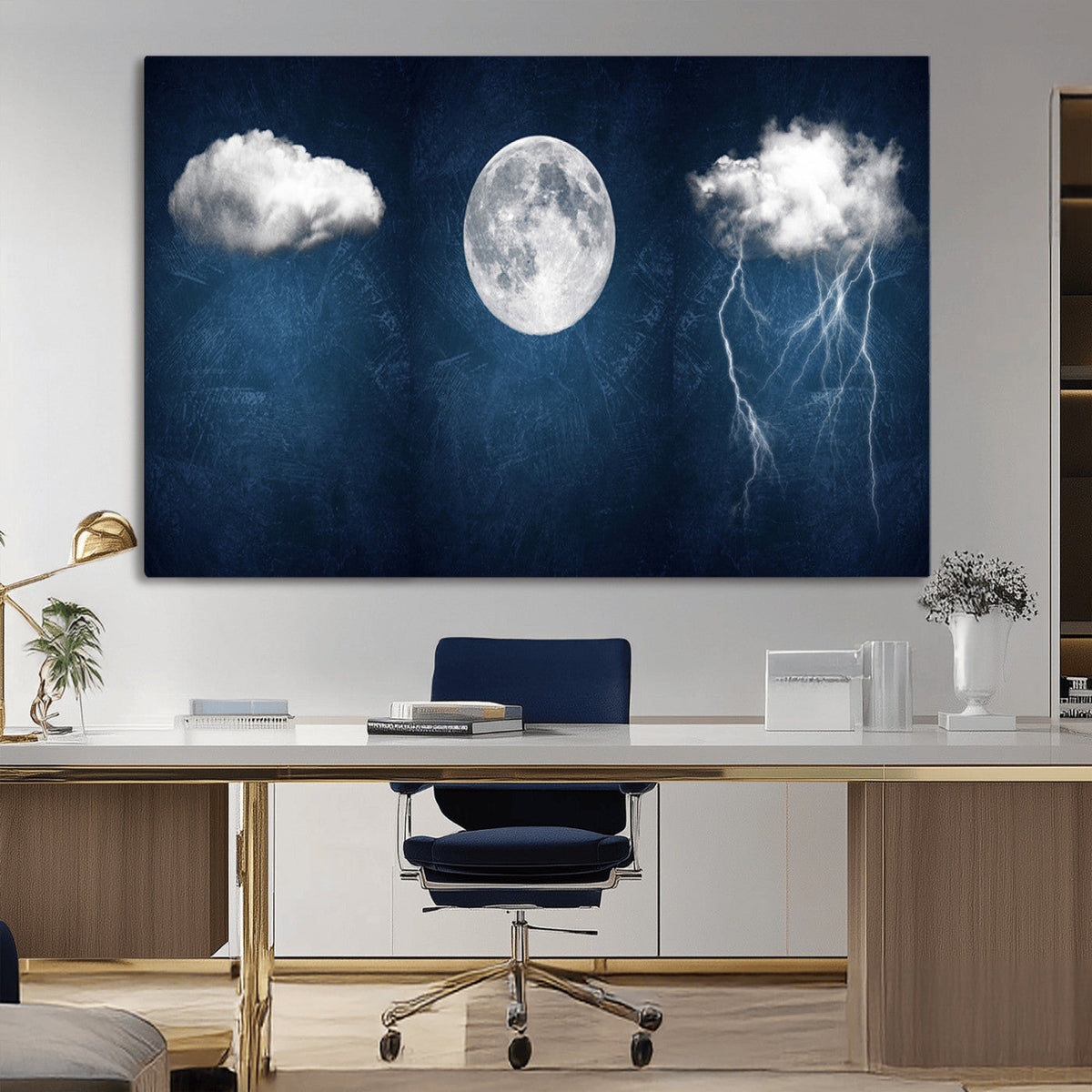 Dark Blue Cloud Art, 3 Piece Indigo Blue Wall Art, Aesthetic