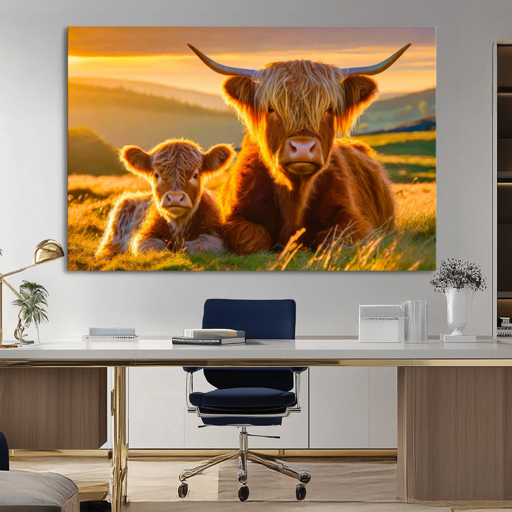 Scottish Cow and Baby Cow Canvas Wall Art Animal Print