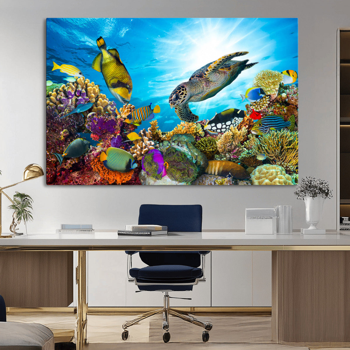 Colorful Coral Reef and Sea Life Turtle Canvas Print,