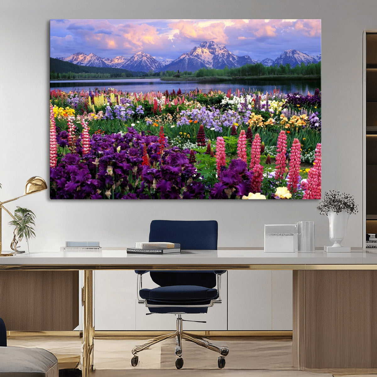 Vibrant Wildflower Garden and Mountain View Giclee Canvas