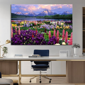 Vibrant Wildflower Garden and Mountain View Giclee Canvas