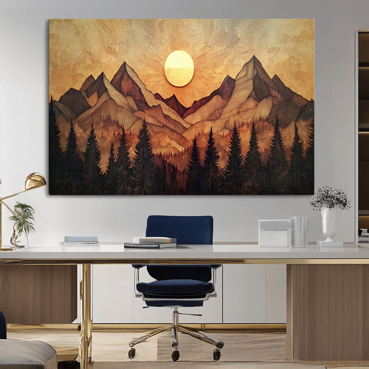 Wood Style Abstract Mountain Sunset Canvas Wall Art Print -