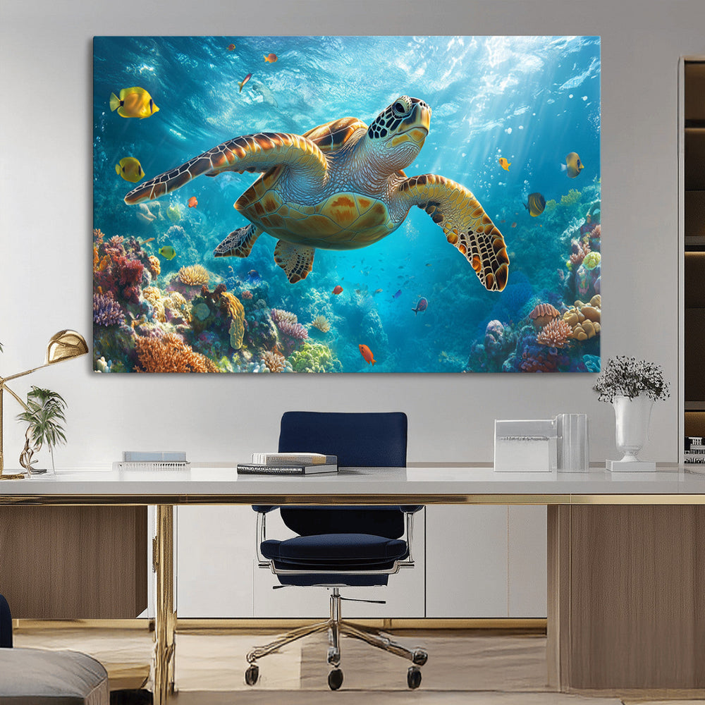 Sea Turtle Underwater Canvas Wall Art Print - Vibrant Ocean