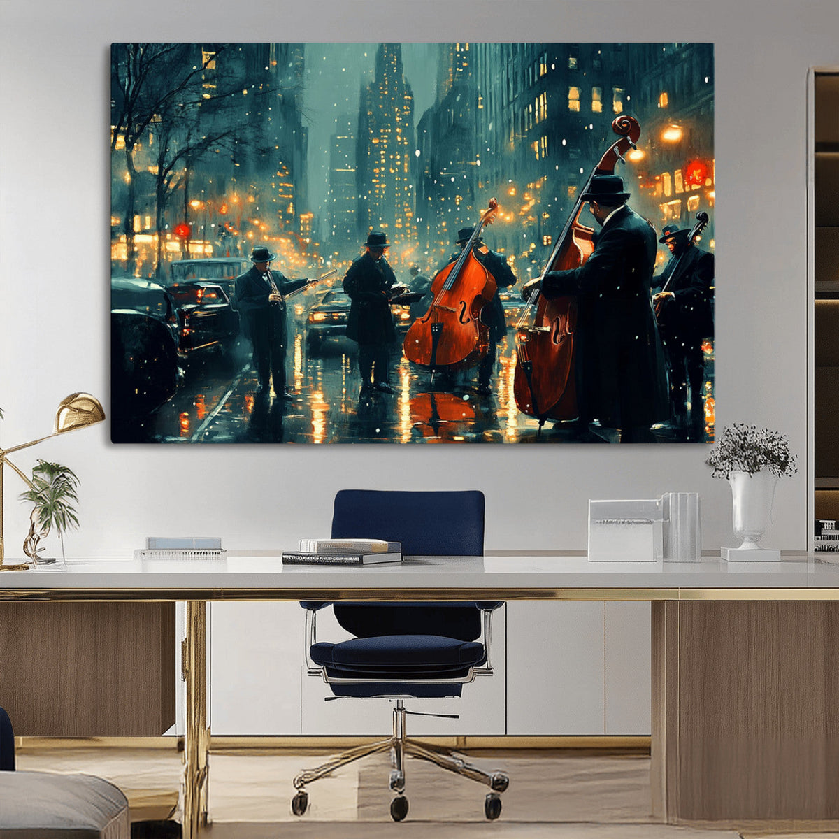 Urban Night Jazz Wall Art Canvas Print – Moody Rain-Soaked