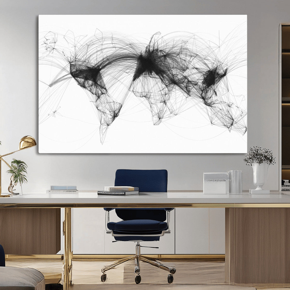 Flight Routes Air Traffic Map Canvas Wall Art - Framed -