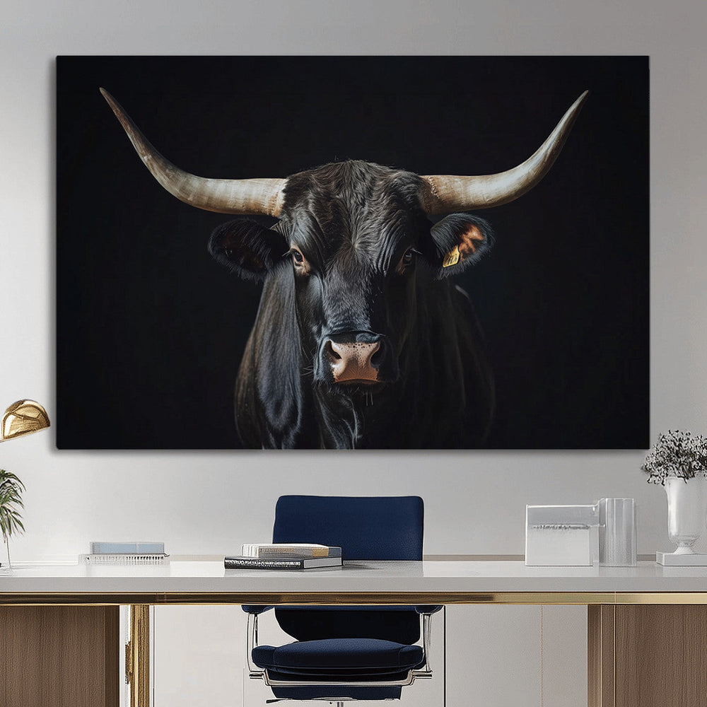 Majestic Longhorn Bull Wall Art Canvas Print – Dark