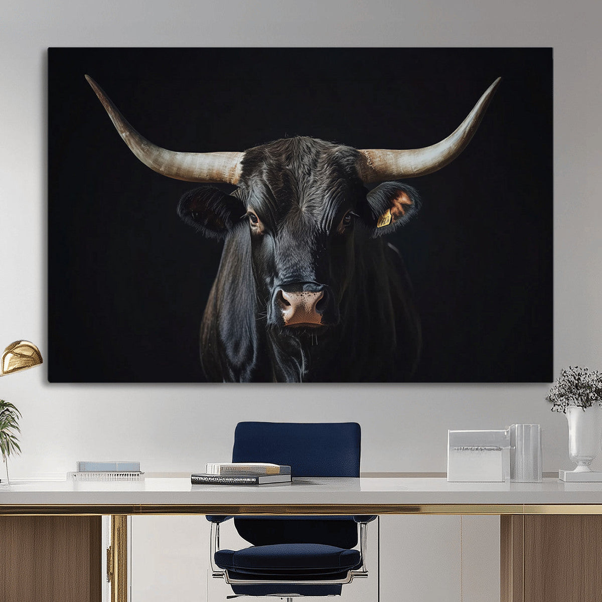 Majestic Longhorn Bull Wall Art Canvas Print – Dark