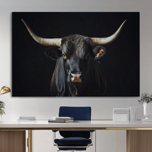 Majestic Longhorn Bull Wall Art Canvas Print – Dark