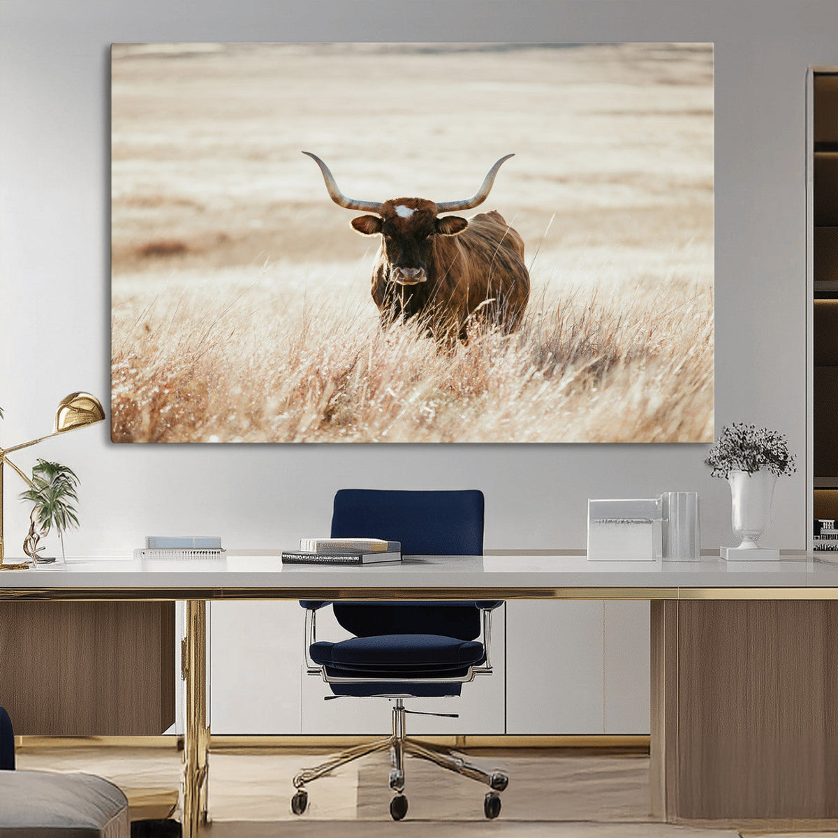 Texas Longhorn Wall Art Canvas Print – Framed Brown Horned