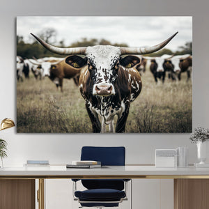 Texas Longhorn Wall Art – Framed Speckled Cow Canvas