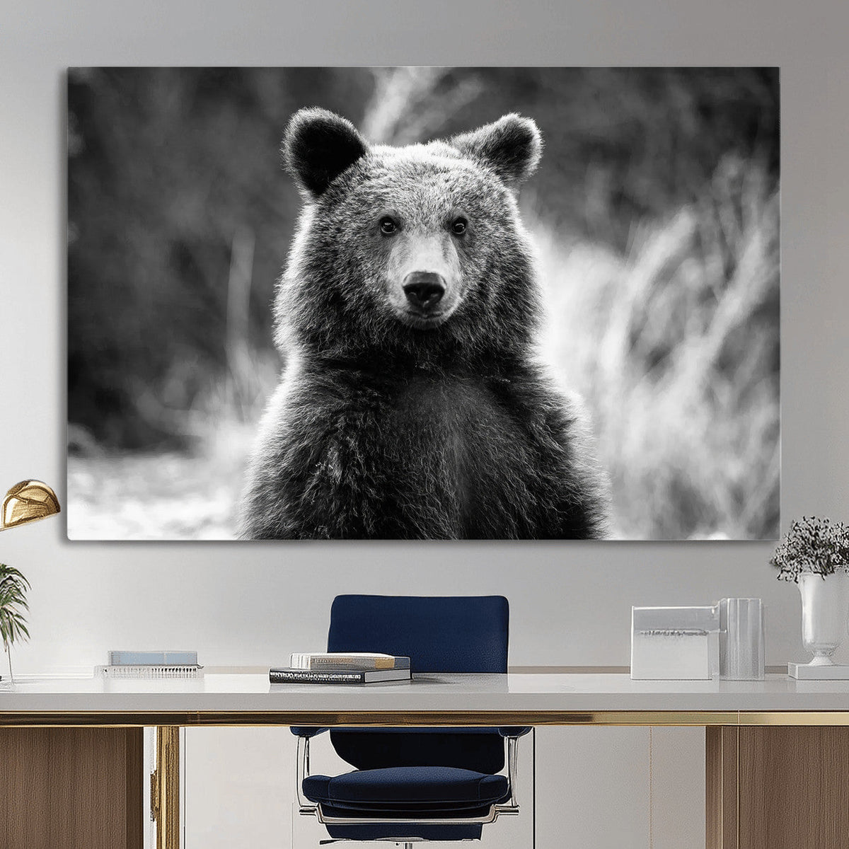 Grizzly Bear Wall Art Canvas Print – Framed Black White
