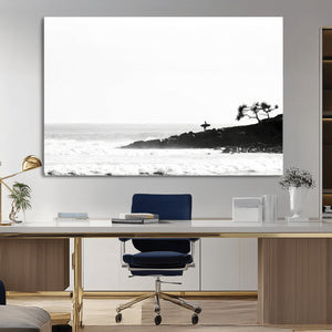Surfer Cliffs Wall Art Canvas Print – Framed Black White