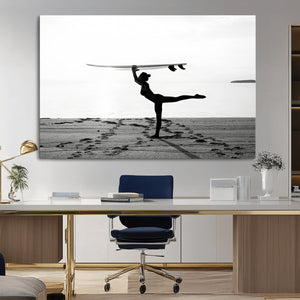 Yoga Surf Wall Art Canvas Print – Framed Black White Shore