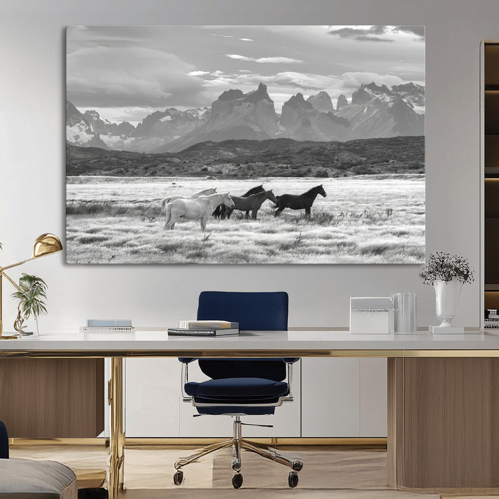 Wild Horses Wall Art Canvas Print – Framed Black and White