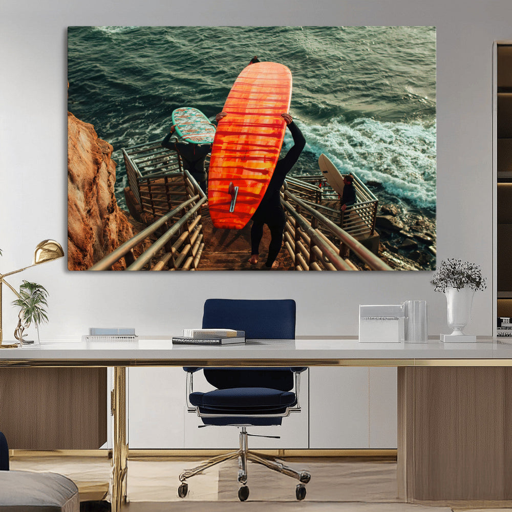 Surfer Stairway Wall Art Canvas Print – Framed Ocean Surf