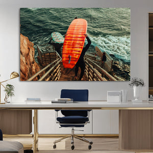 Surfer Stairway Wall Art Canvas Print – Framed Ocean Surf