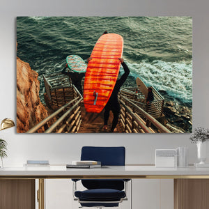 Surfer Stairway Wall Art – Framed Ocean Surf Canvas Artwork,