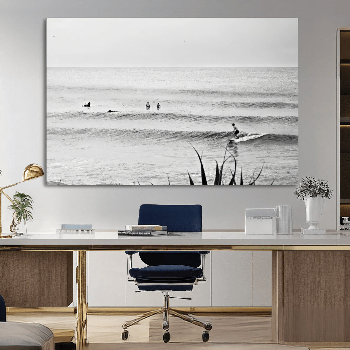 Surfer Silhouette Wall Art – Framed Calm Ocean Monochrome