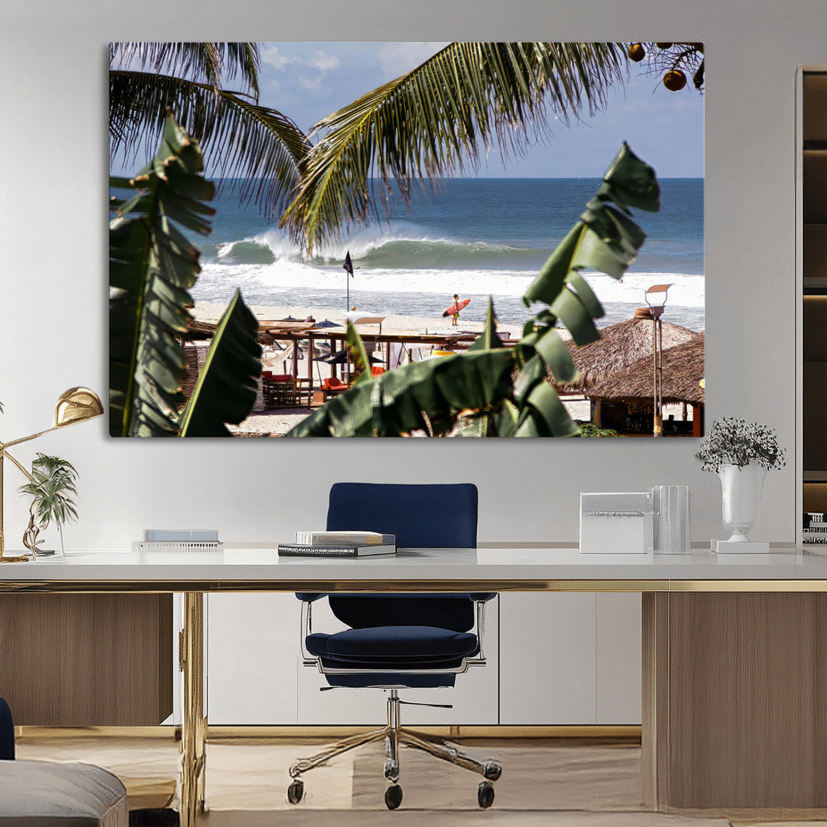 Tropical Shoreline Wall Art Canvas Print – Framed Surfer