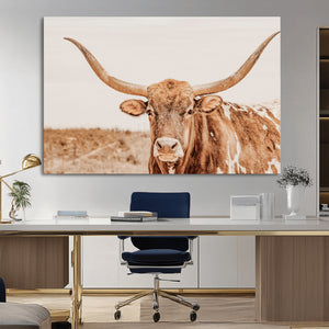 Texas Longhorn Wall Art Canvas Print – Framed Sepia Cow Art