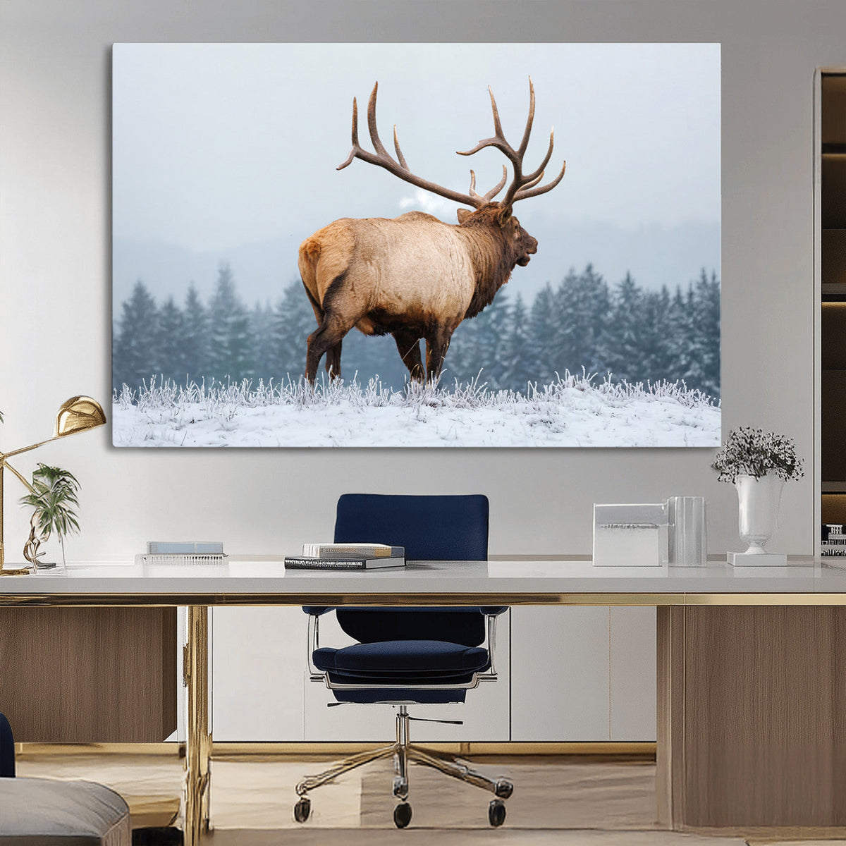 Elk Wall Art Canvas Print – Framed Snowy Forest Scene Art