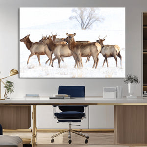 Winter Elk Scene Wall Art Canvas Print – Framed Wildlife