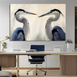 Blue Heron Pair Wall Art Canvas Print, Framed Coastal Bird