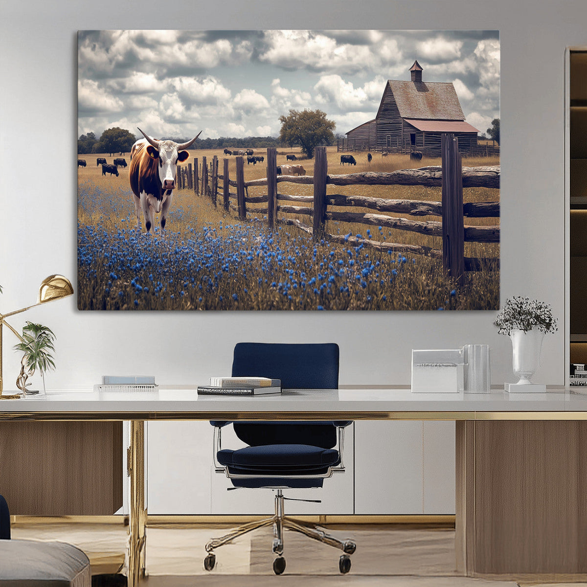 Texas Longhorn Canvas Wall Art Print – Framed Rustic Barn