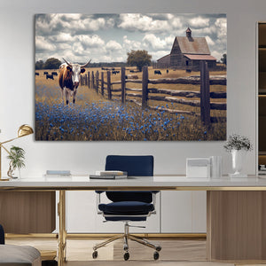 Texas Longhorn Canvas Wall Art Print – Framed Rustic Barn