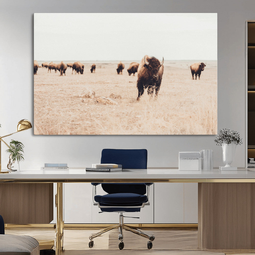 Bison Herd Wall Art Canvas Print, Framed Western Landscape