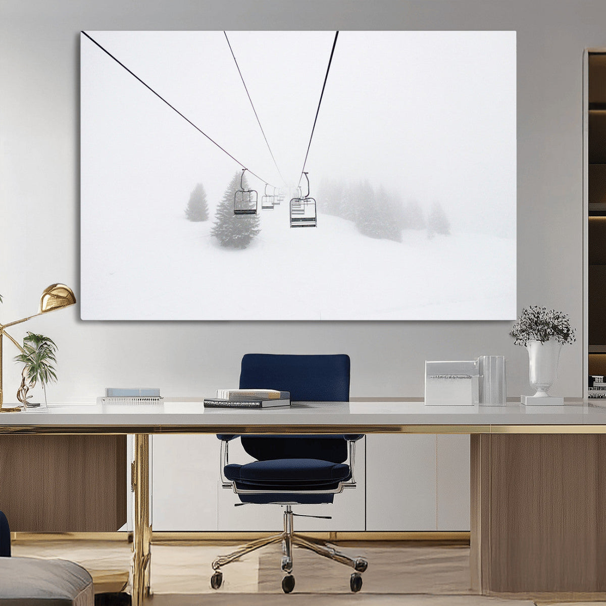 Ski Lift Wall Art Canvas Print – Snowy Alpine Landscape