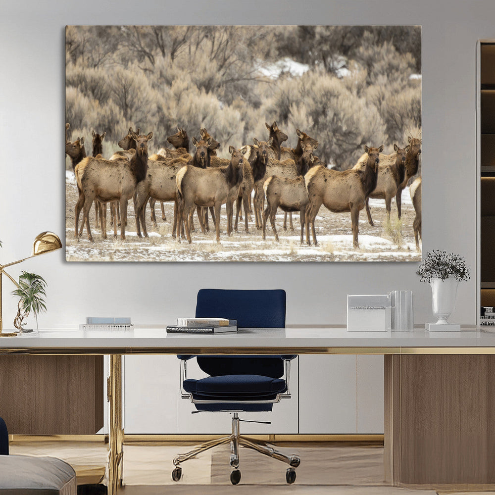 Majestic Elk Herd Winter Canvas, Elk Herd Winter Landscape