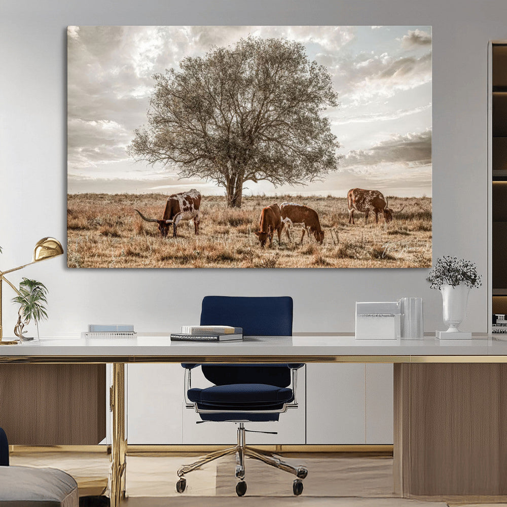 Texas Longhorn Cattle Wall Art, Rustic Western Ranch Canvas