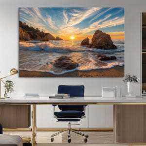 Rocky Ocean Sunset Wall Art Print – Seaside Canvas Dramatic