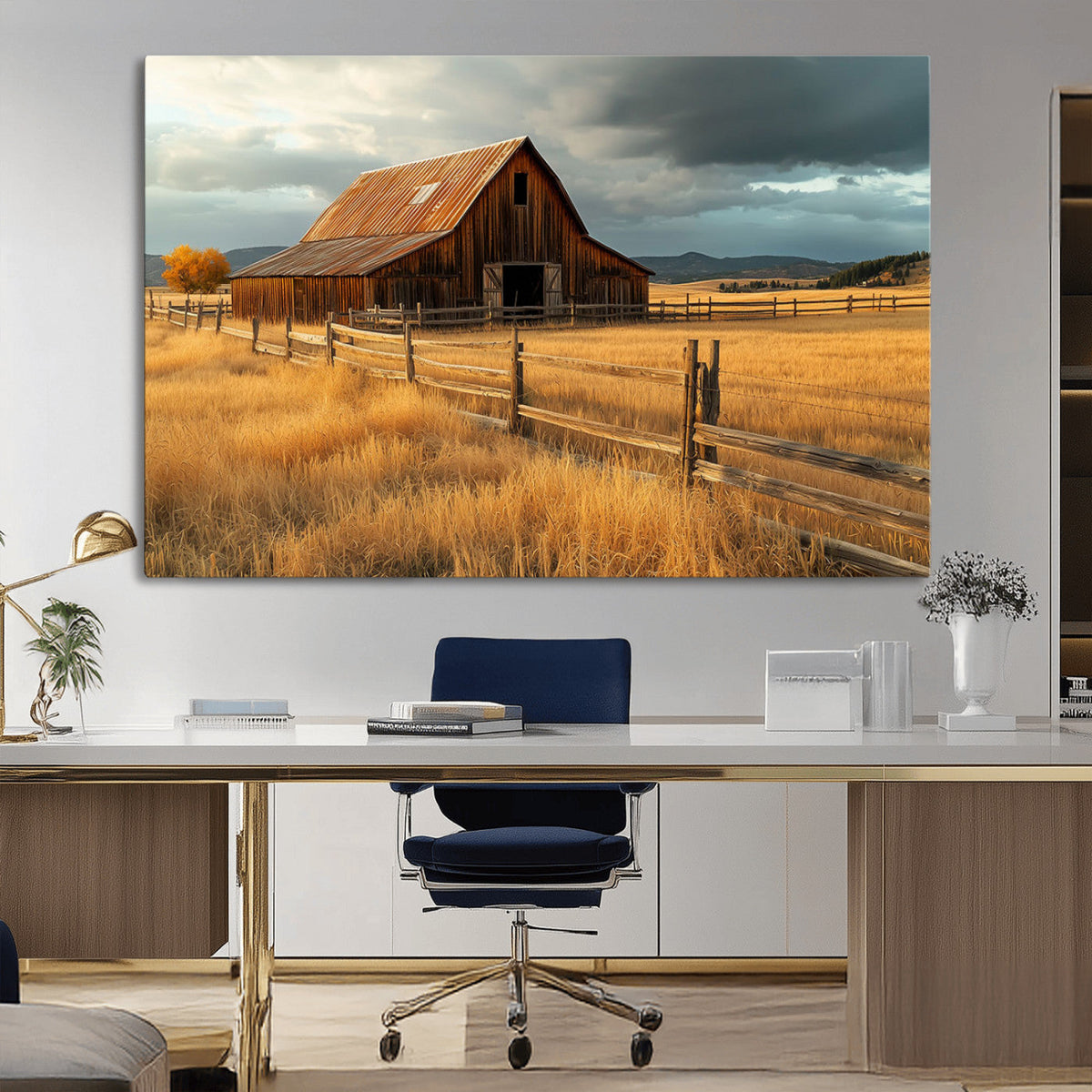 Golden Sunset Barn Wall Art Canvas Print, Rustic Autumn Farm