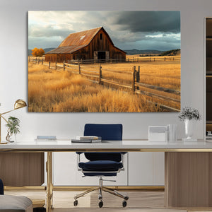 Golden Sunset Barn Wall Art Canvas Print, Rustic Autumn Farm
