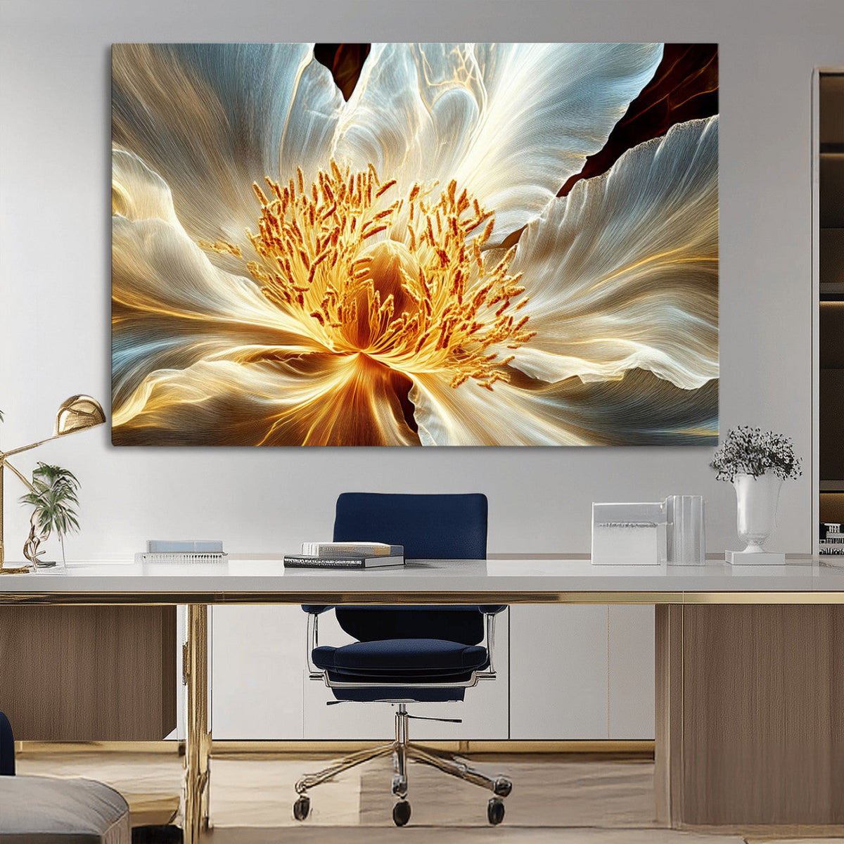 Golden Abstract Flower Canvas Wall Art, Modern Botanical
