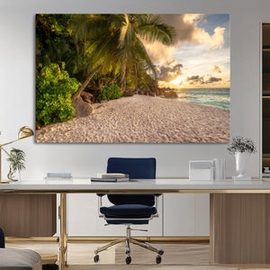Tropical beach sunset, palm trees, white sand, ocean waves,