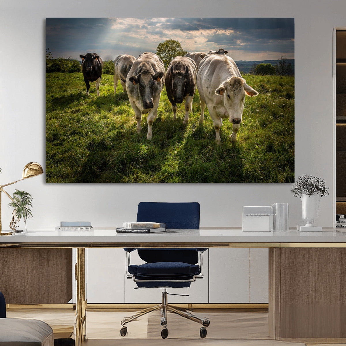 Grazing Cattle Herd Wall Art, Green Pasture Livestock Canvas