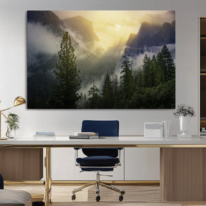 Misty Mountain Valley Wall Art Canvas Print, Golden Sunrise