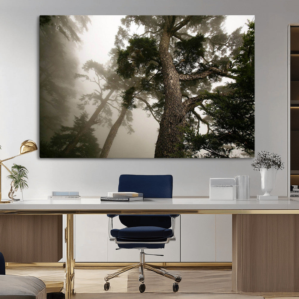 Misty Forest Wall Art Canvas Print, Tall Trees and Foggy