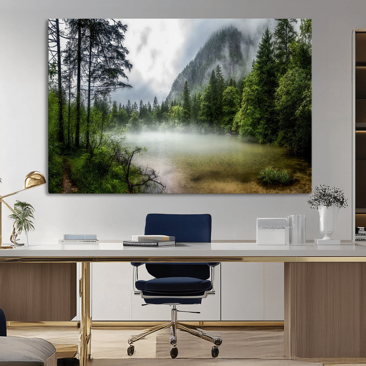 Misty Lake Forest Wall Art Canvas Print, Green Trees and