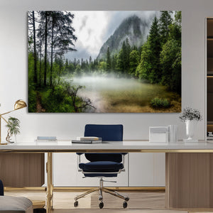 Misty Lake Forest Wall Art Canvas Print, Green Trees and