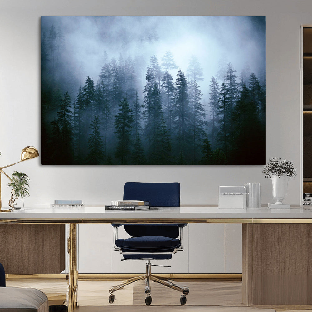 Foggy Evergreen Pines Wall Art Canvas Print, Mist Forest and