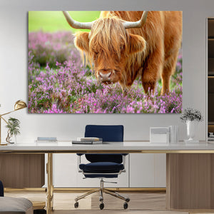 Highland Cow Wall Art Canvas Print – Framed Purple Flowers