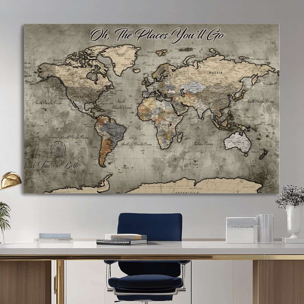 Personalized World Map Wall Art Canvas Print – Custom Push