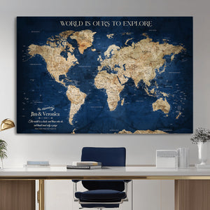 Framed Custom World Map Canvas Print - Deep Blue World Map